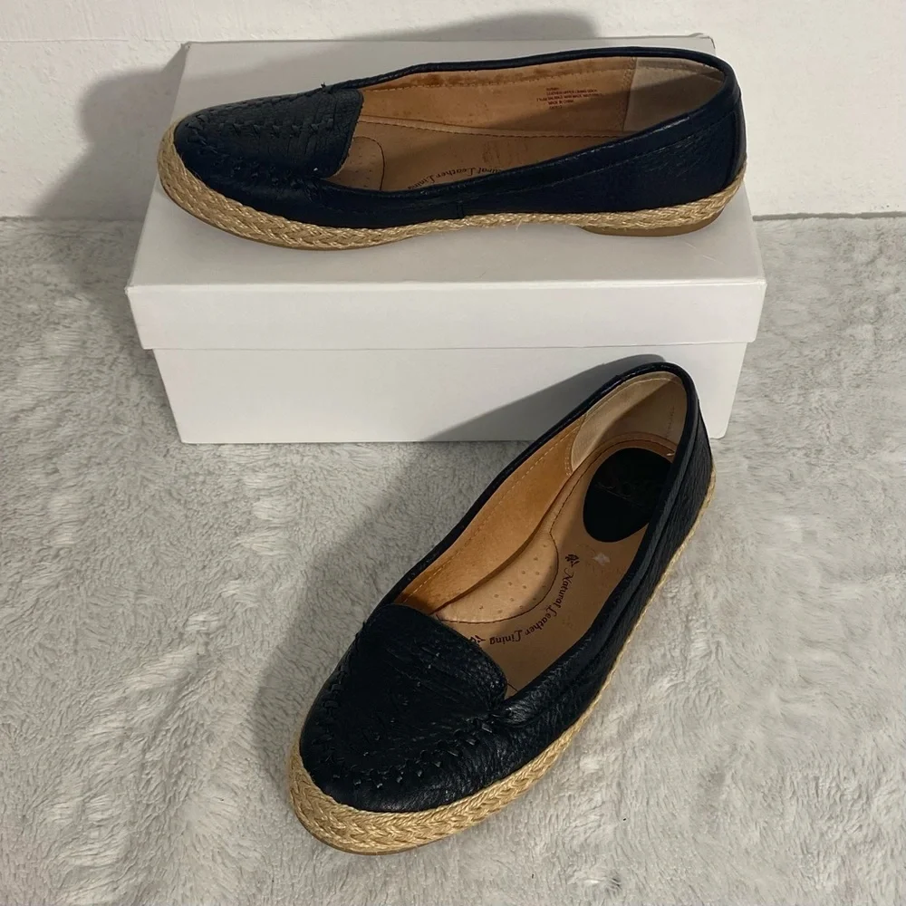 Sofft Malia Black Leather Espadrille Slip On Flats Women’s Size 7.5M